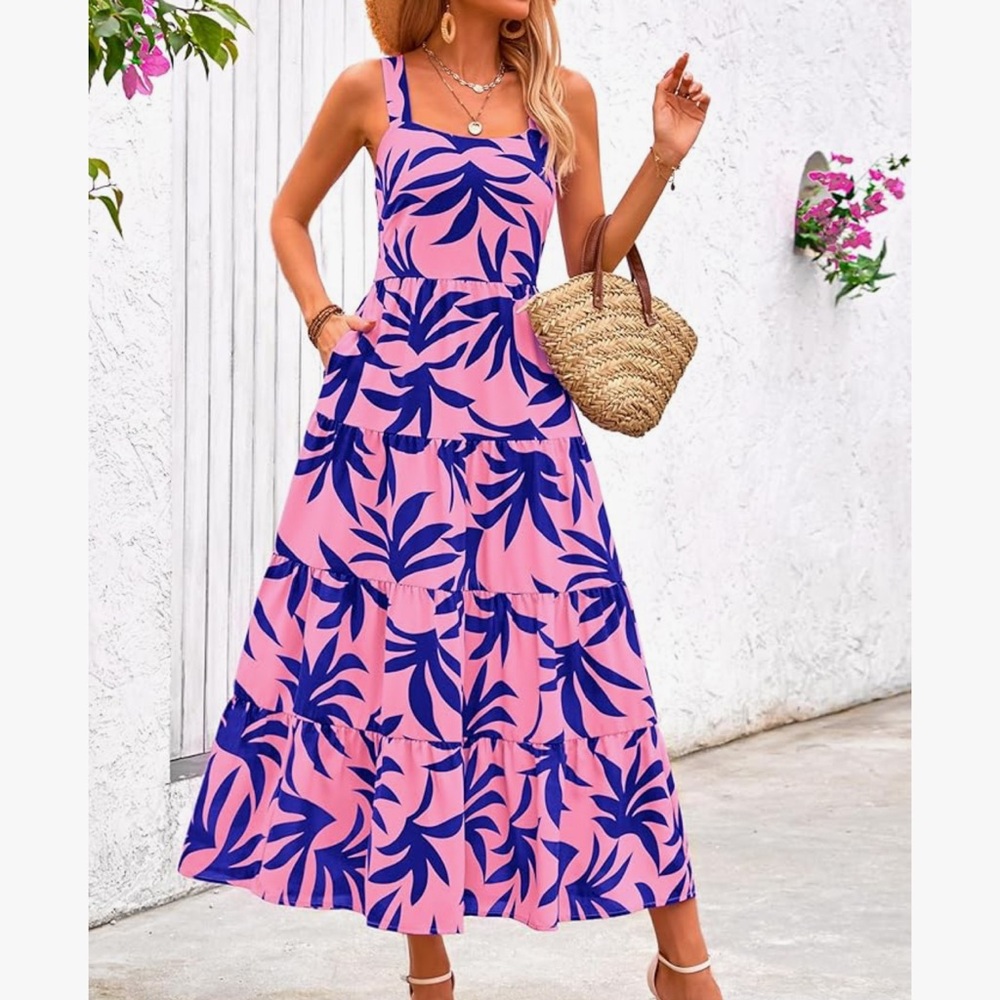 Pretty garden Tropical Pink and Blue Maxi Dress